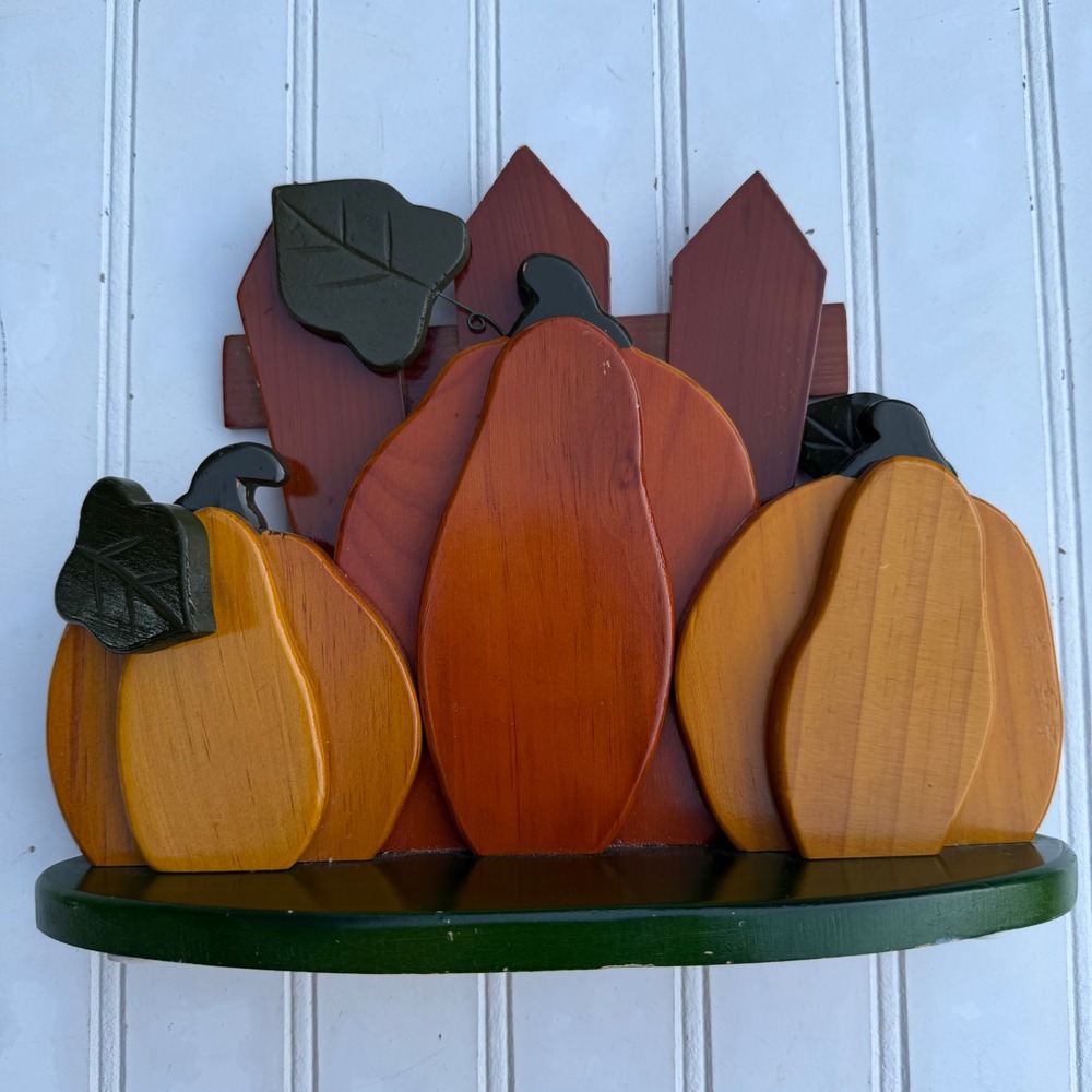 Wooden Pumpkin Trio Picket Fence Fall Harvest Tabletop Decor 9.5 Inch